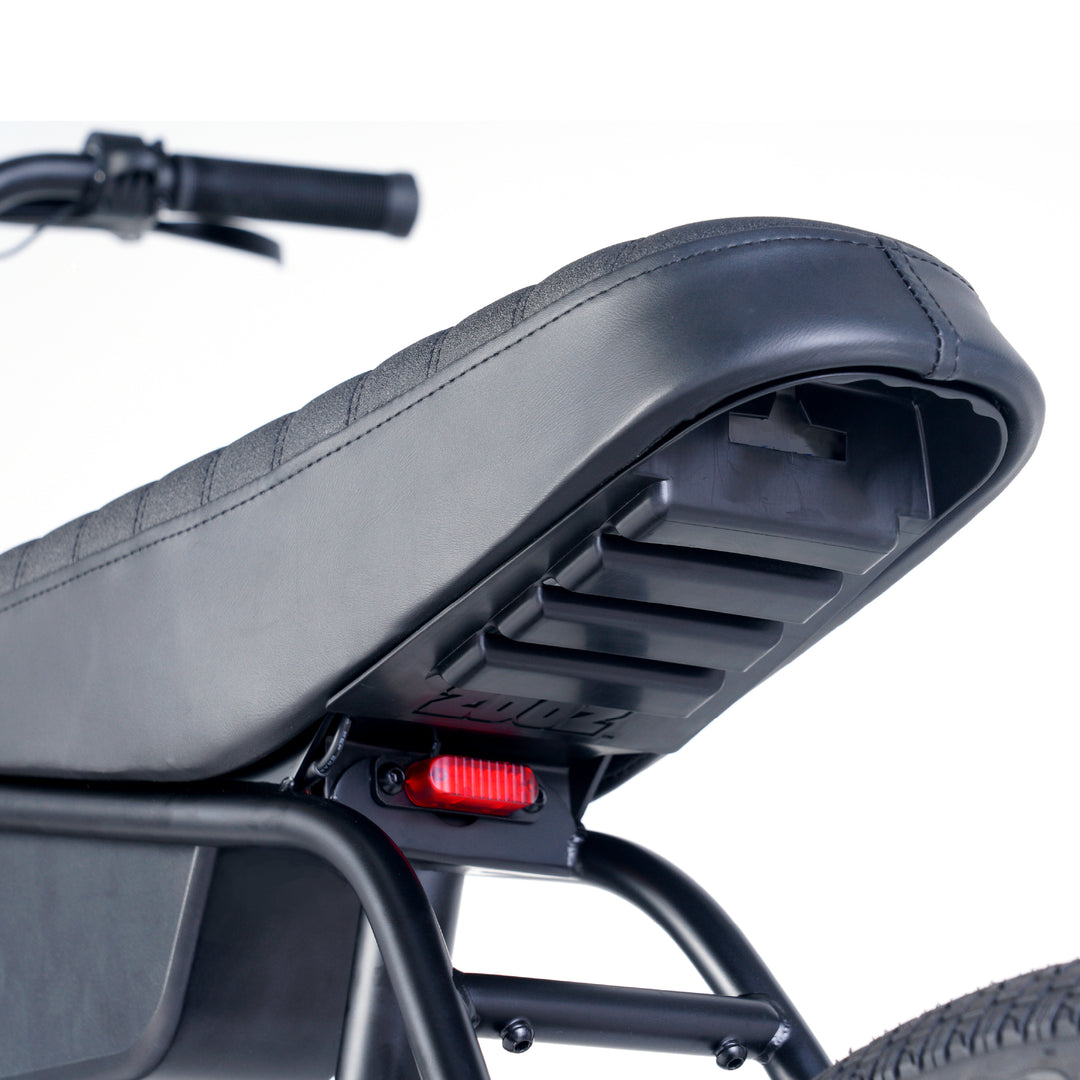 Zooz Electric Bike Ultra Flex Midnight black seat rear 3/4 view