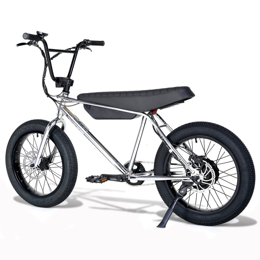 Zooz Electric Bike Ultra Ripster Cuda Chrome kickstand rear 3/4 view