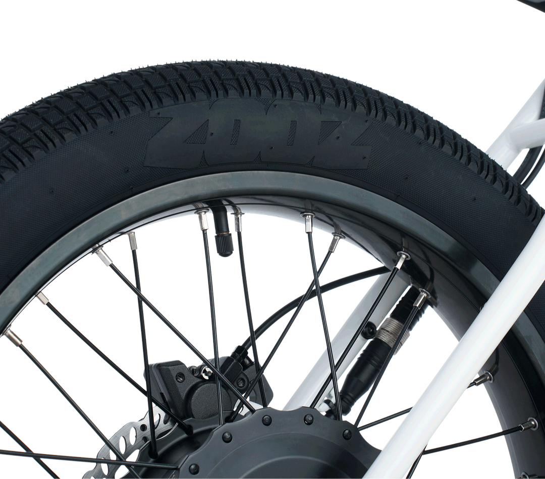 Zooz Electric Bike Ultra Ripster White Hot rear tire 3/4 view