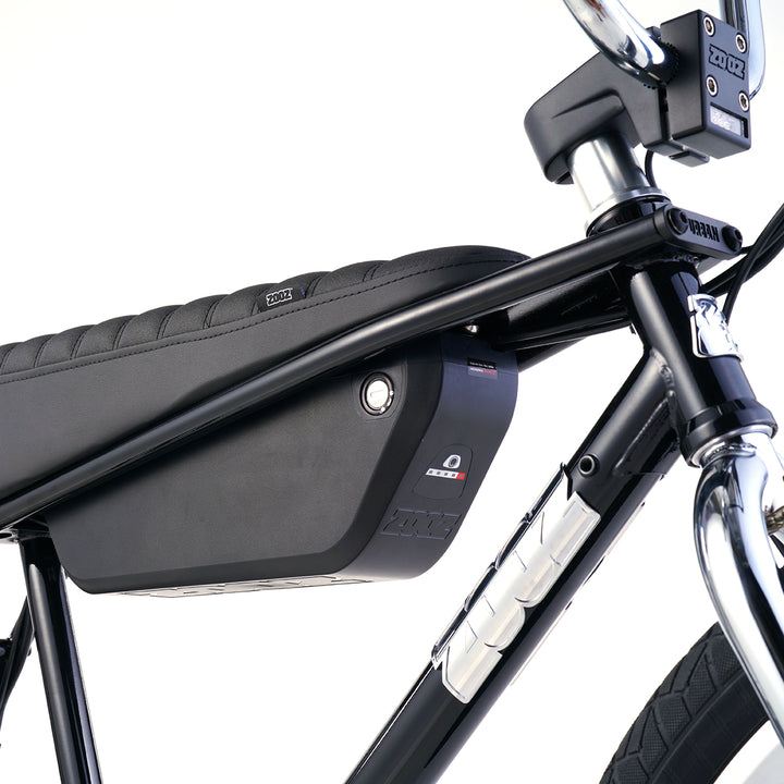 Zooz Electric Bike Ultra Urban Wet Black and Chrome battery 3/4 view