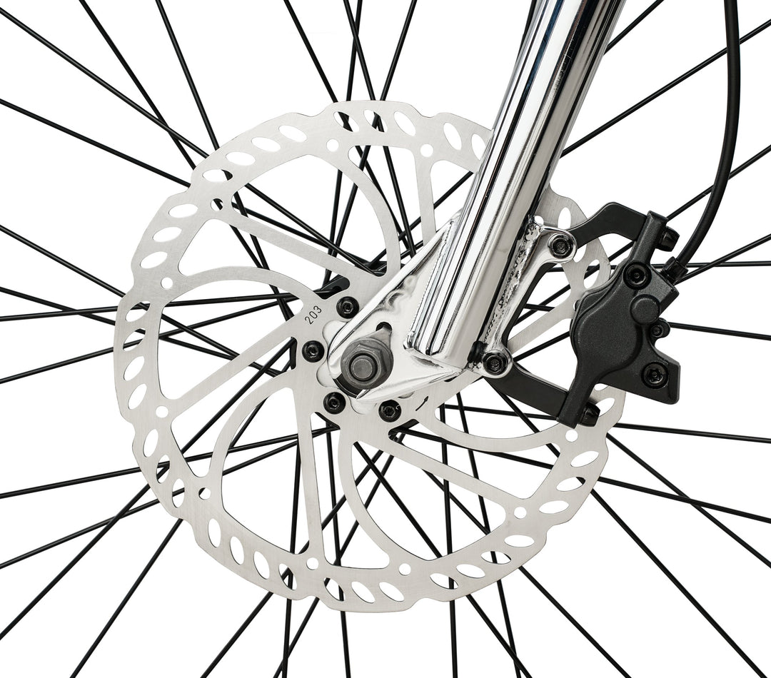 Zooz Electric Bike Ultra Urban Wet Black and Chrome disc brake side view