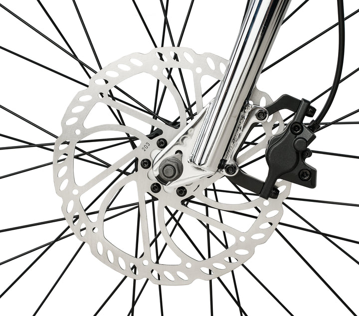 Zooz Electric Bike Ultra Urban Wet Black and Chrome disc brake side view