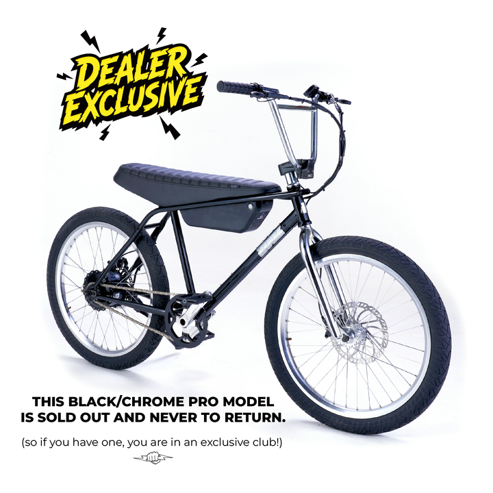 Zooz Electric Bike Ultra Urban sold out Wet Black and Chrome 3/4 view