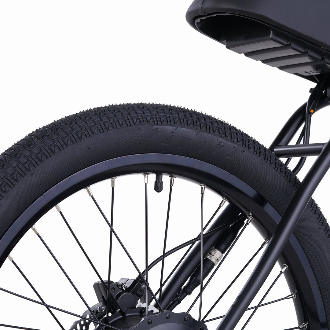 Zooz Electric Bike Ultra Urban Gen 5 Eclipse Black tire and valve rear 3/4 view