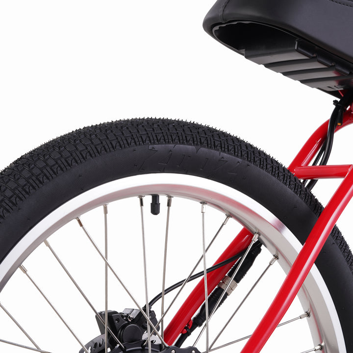 Zooz Electric Bike Ultra Urban Gen 5 Red Rocket tire and valve rear 3/4 view